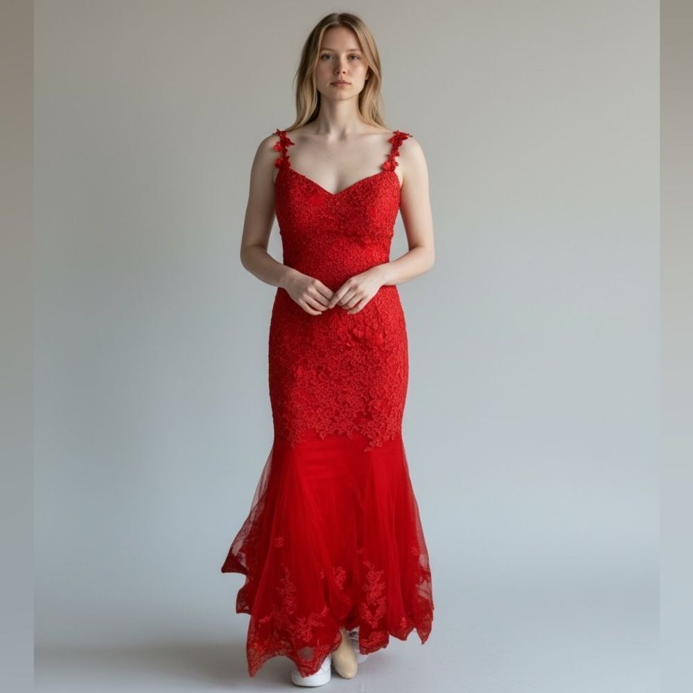 Red Floral Lace Mermaid Dress Sleeveless Fit and Flare Gown Prom Wedding Dress